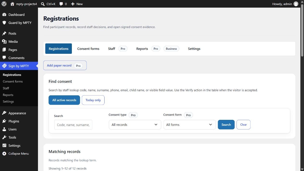 Find participant records in the Sign dashboard.